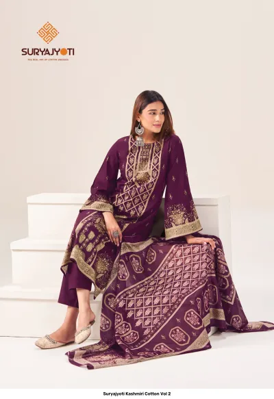Suryajyoti Kashmiri Cotton Vol 2 deep purple printed salwar suit with decorative thread work and matching dupatta.