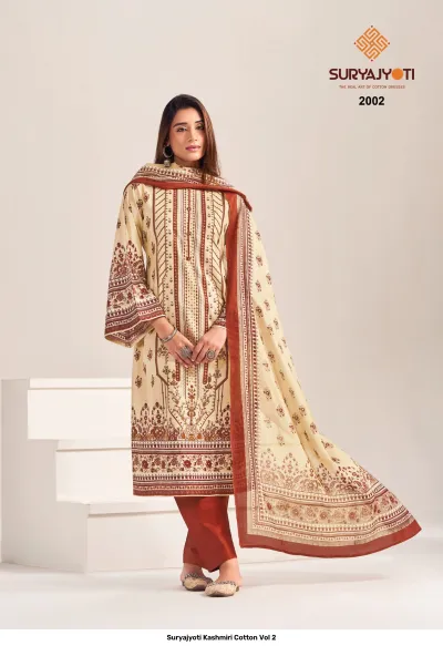 Suryajyoti Kashmiri Cotton Vol 2 cream and maroon printed dress material salwar suit with subtle thread embroidery.
