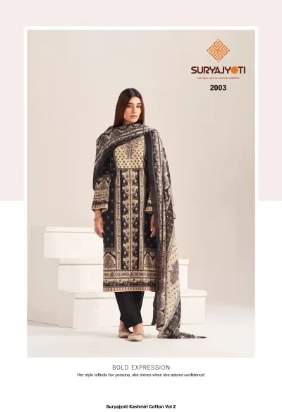 Suryajyoti Kashmiri Cotton Vol 2 black and cream patterned salwar suit with printed design and matching dupatta.