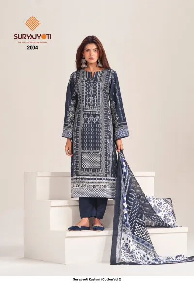 Suryajyoti Kashmiri Cotton Vol 2 navy blue printed salwar suit with geometric patterns and matching dupatta.