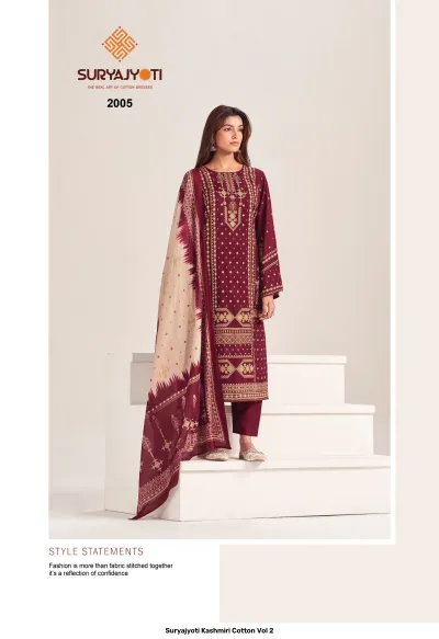 Suryajyoti Kashmiri Cotton Vol 2 maroon and cream printed salwar suit with geometric pattern and thread work.