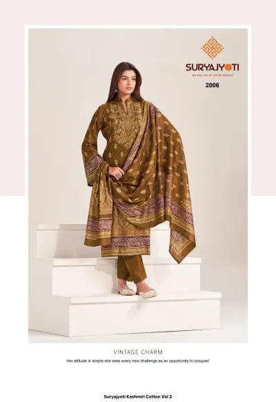 Suryajyoti Kashmiri Cotton Vol 2 olive green printed salwar suit with dark purple border details and dupatta.