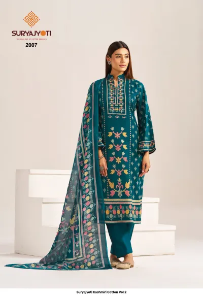Suryajyoti Kashmiri Cotton Vol 2 teal green printed kurti and salwar suit with multi-colored floral patterns and dupatta.