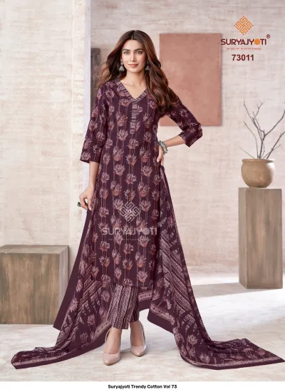 Suryajyoti Trendy Cotton Vol 73: Dark plum floral printed cotton salwar suit with matching dupatta and striped trousers.