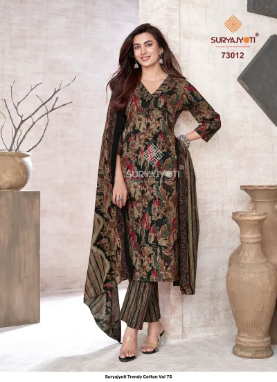 Suryajyoti Trendy Cotton Vol 73: Black and brown floral printed cotton salwar suit with striped trousers and coordinating printed dupatta.