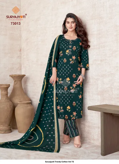Suryajyoti Trendy Cotton Vol 73: Deep green cotton salwar suit with small floral print, matching trousers, and decorative border dupatta.