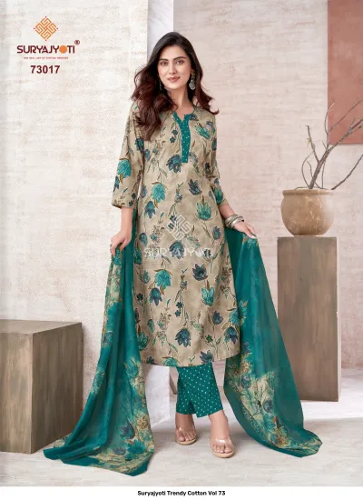 Suryajyoti Trendy Cotton Vol 73: Beige and teal blue floral printed cotton salwar suit with matching trousers and a plain teal dupatta.