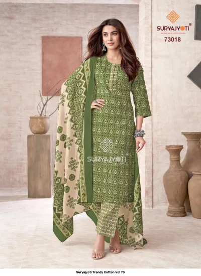 Suryajyoti Trendy Cotton Vol 73: Olive green medallion patterned cotton salwar suit with a light beige printed dupatta and trousers.