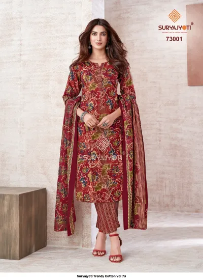 Suryajyoti Trendy Cotton Vol 73: Maroon floral printed cotton salwar suit with matching printed dupatta and striped trousers.