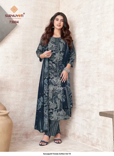 Suryajyoti Trendy Cotton Vol 73: Dark grey and grey floral printed cotton salwar suit with matching dupatta and trousers.