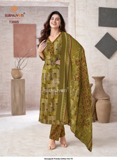 Suryajyoti Trendy Cotton Vol 73: Olive green patterned cotton salwar suit with a printed border dupatta and geometric trousers.