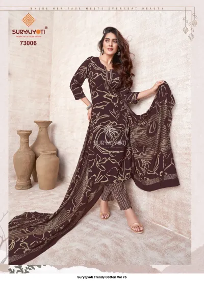 Suryajyoti Trendy Cotton Vol 73: Dark brown cotton salwar suit with large abstract floral print, matching dupatta, and striped trousers.