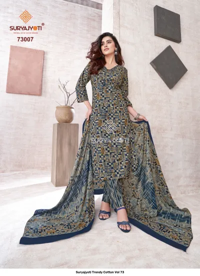 Suryajyoti Trendy Cotton Vol 73: Blue and grey geometric patterned cotton salwar suit with matching printed dupatta and trousers.