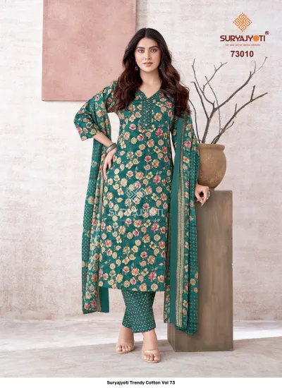 Suryajyoti Trendy Cotton Vol 73: Deep green floral printed cotton salwar suit with a patterned dupatta and matching trousers.