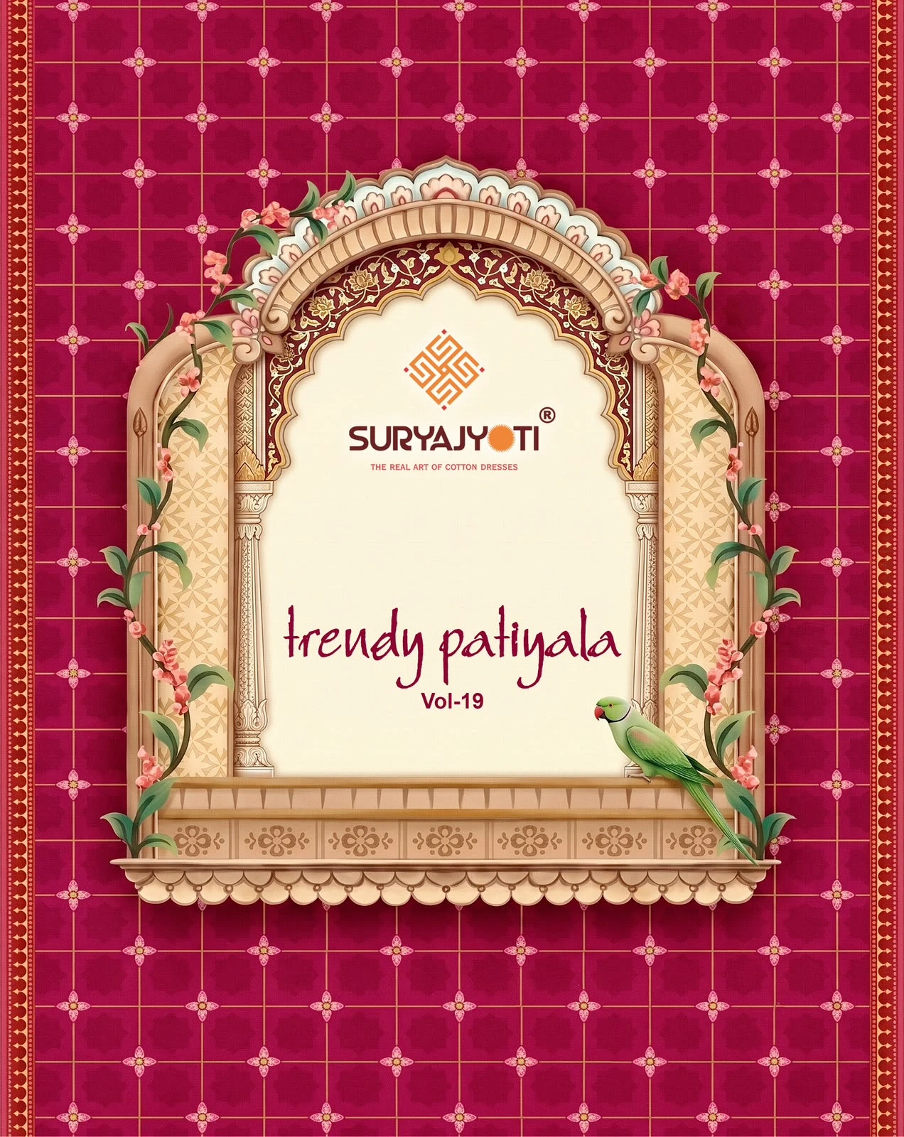 Suryajyoti Trendy Patiyala Vol 19: Catalog cover with red grid background and decorative archway design.
