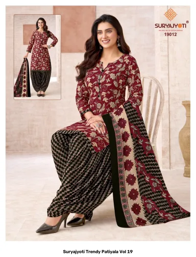 Suryajyoti Trendy Patiyala Vol 19: Maroon and black floral printed salwar suit with striped pants.