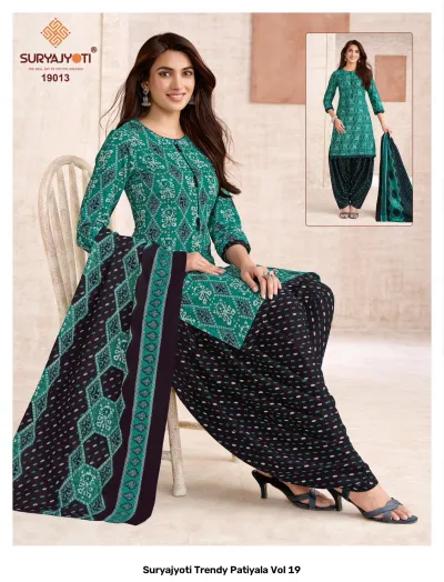 Suryajyoti Trendy Patiyala Vol 19: Green and black patterned salwar suit set.