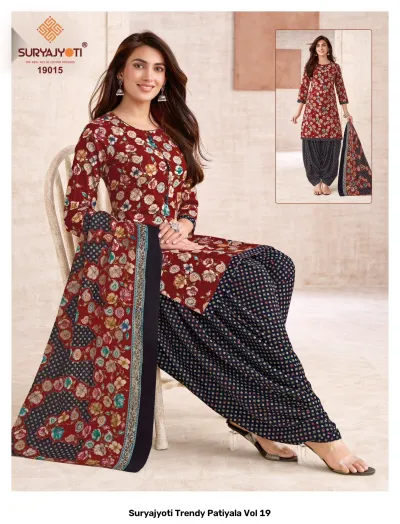 Suryajyoti Trendy Patiyala Vol 19: Red and black floral print salwar suit with dotted pants.