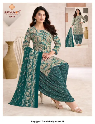 Suryajyoti Trendy Patiyala Vol 19: Teal and gray abstract printed salwar suit set.