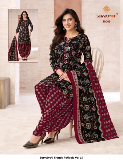 Suryajyoti Trendy Patiyala Vol 19: Black and maroon printed salwar suit with circular patterns.