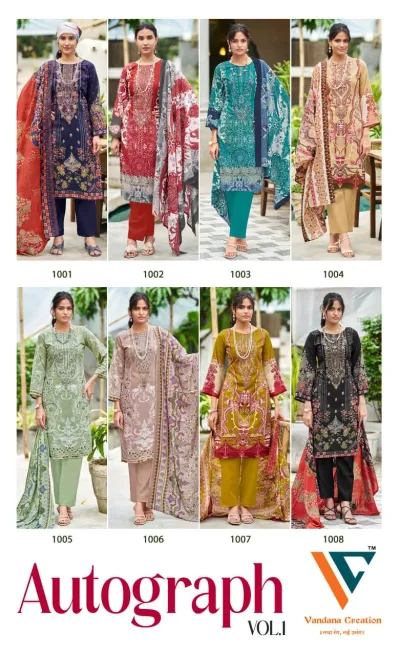 Vandana Autograph Vol 1: Catalog collage featuring eight distinct printed salwar suit designs in various colors and patterns.