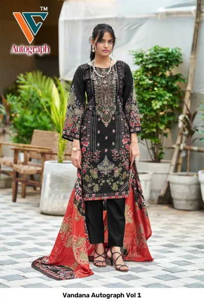Vandana Autograph Vol 1: Black printed salwar suit with floral details, matching trousers, and a red patterned dupatta with thread work.