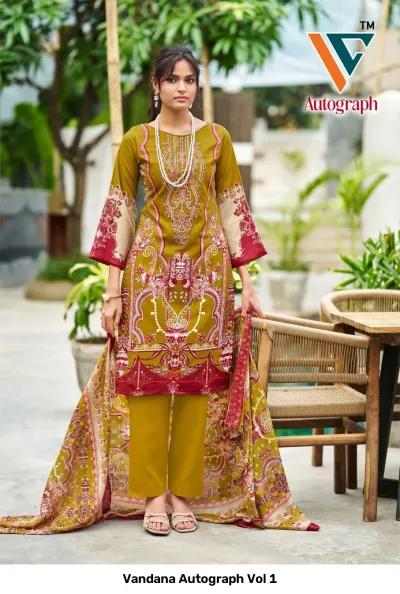 Vandana Autograph Vol 1: Mustard yellow printed salwar suit with ethnic motifs, matching trousers, and a coordinating patterned dupatta.