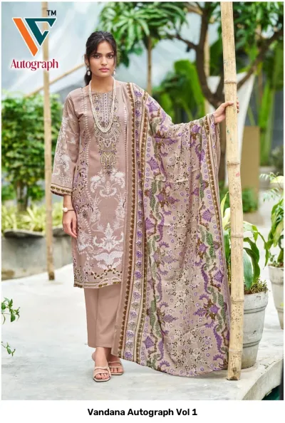 Vandana Autograph Vol 1: Brown printed salwar suit with floral motifs, matching trousers, and a purple-toned printed dupatta.