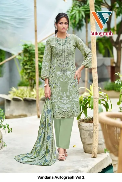 Vandana Autograph Vol 1: Light green printed salwar suit with ethnic motifs, matching trousers, and a coordinating floral printed dupatta.