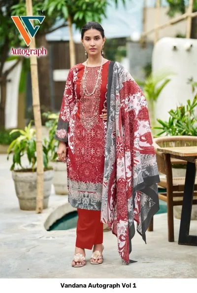 Vandana Autograph Vol 1: Red printed salwar suit with intricate ethnic patterns, matching trousers, and a patterned dupatta.