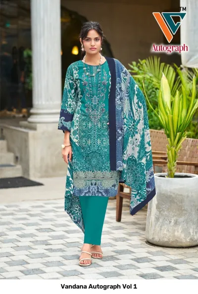 Vandana Autograph Vol 1: Teal blue printed salwar suit with floral designs, matching trousers, and a coordinated printed dupatta.