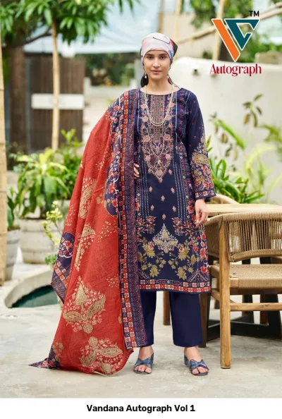Vandana Autograph Vol 1: Dark navy blue printed salwar suit with floral patterns, matching trousers, and a red patterned dupatta.