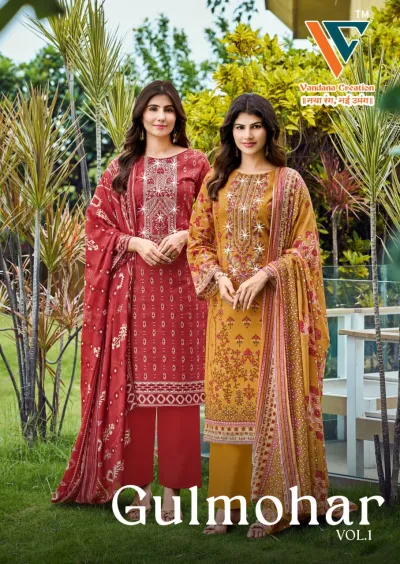 Vandana Gulmohar Vol 1 catalog cover featuring models in varied colorful embroidered salwar suits with printed dupattas in a garden setting.