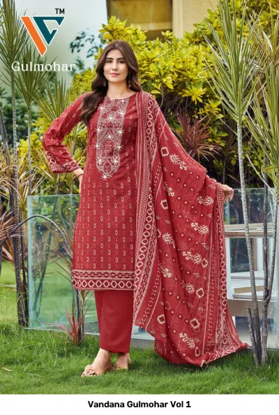 Vandana Gulmohar Vol 1 red printed salwar suit with white thread embroidery on the neckline, paired with a matching patterned dupatta.