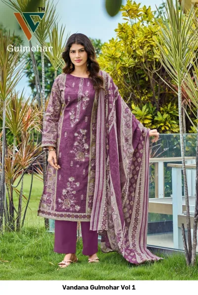 Vandana Gulmohar Vol 1 purple printed salwar suit featuring floral patterns and white thread embroidery on the bodice, with a matching dupatta.