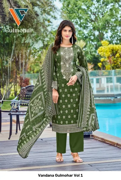 Vandana Gulmohar Vol 1 olive green printed salwar suit with detailed white thread embroidery and geometric patterns, including a matching dupatta.