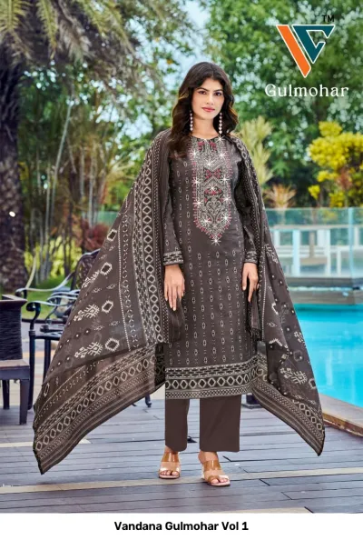Vandana Gulmohar Vol 1 dark brown printed salwar suit with white thread embroidery on the chest and a matching patterned dupatta.