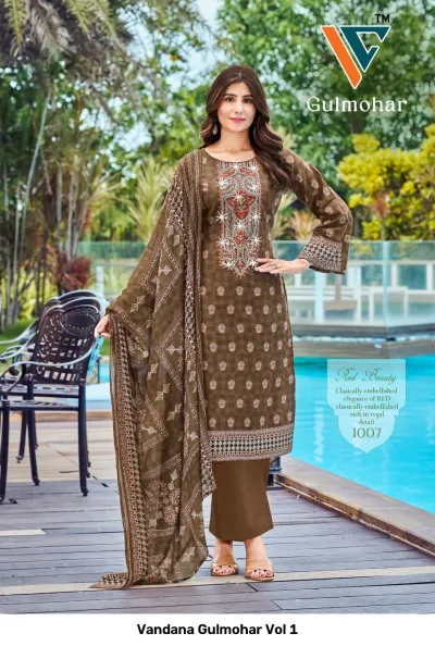 Vandana Gulmohar Vol 1 olive brown printed salwar suit with white thread embroidery and traditional patterns, paired with a matching dupatta.