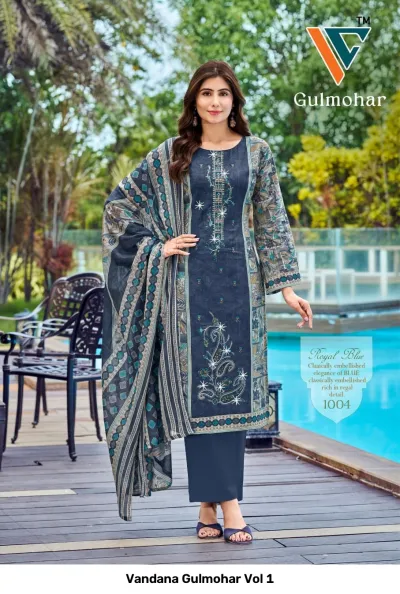 Vandana Gulmohar Vol 1 navy blue printed salwar suit with white thread embroidery and decorative motifs, with a matching patterned dupatta.