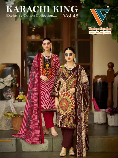 Vandana Karachi King Vol 45: catalog cover displaying multiple designs of printed cotton salwar suits with dupattas in various colors.