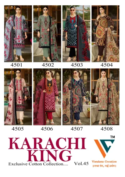 Vandana Karachi King Vol 45: catalog collage showcasing eight different models wearing printed cotton salwar suits with coordinated dupattas.