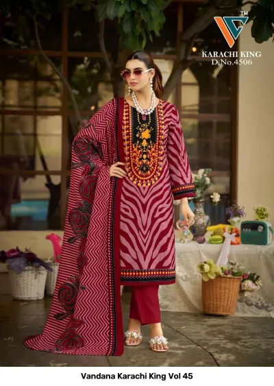 Vandana Karachi King Vol 45: pink and black zebra-print cotton salwar suit with floral border dupatta and central embroidered neckline detail.