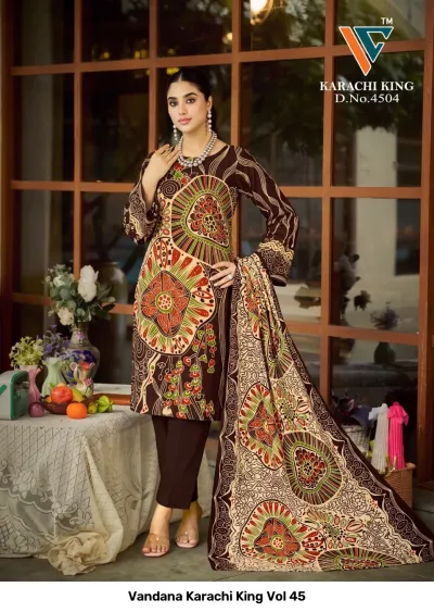 Vandana Karachi King Vol 45: dark brown cotton salwar suit featuring large geometric printed motifs and a matching patterned dupatta.