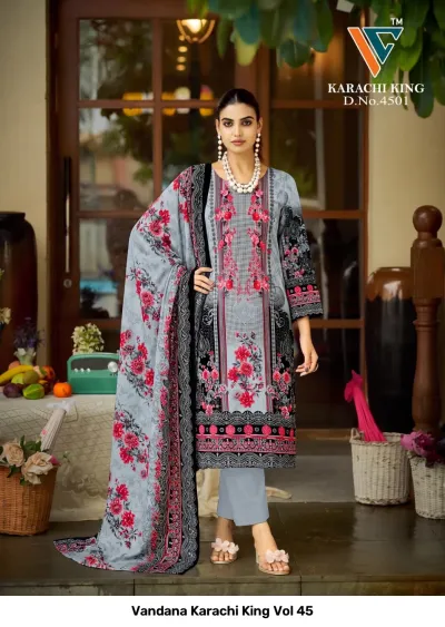 Vandana Karachi King Vol 45: grey and black printed cotton salwar suit with red floral motifs and matching floral dupatta.