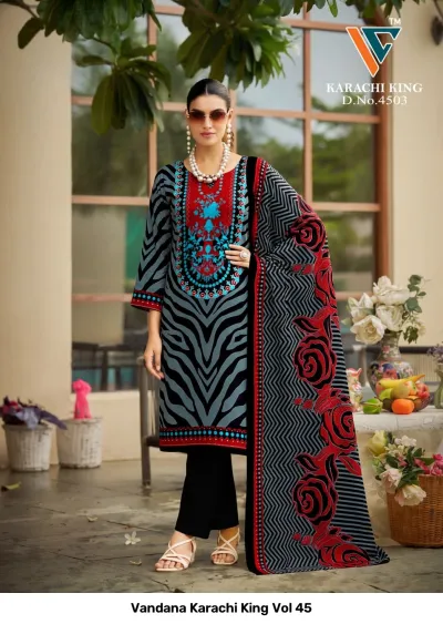 Vandana Karachi King Vol 45: grey and black zebra-print cotton salwar suit with a bold red, blue, and black embroidered neckline.