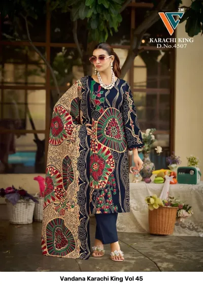 Vandana Karachi King Vol 45: dark blue cotton salwar suit with large circular geometric prints and a matching patterned dupatta.