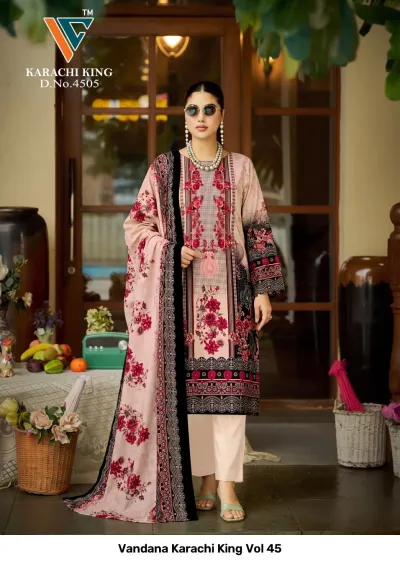 Vandana Karachi King Vol 45: beige and black printed cotton salwar suit with floral patterns and a matching border-print dupatta.