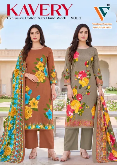 Vandana Kavery Vol 2 catalog cover featuring two women wearing printed floral cotton salwar suits with aari hand work.