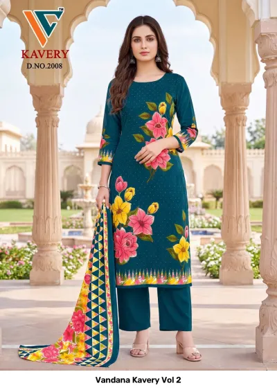 Vandana Kavery Vol 2 teal cotton salwar suit with floral print, aari hand work, and patterned dupatta.