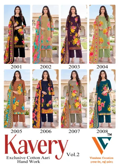 Vandana Kavery Vol 2 catalog collage displaying eight different floral printed cotton salwar suit designs with aari hand work.